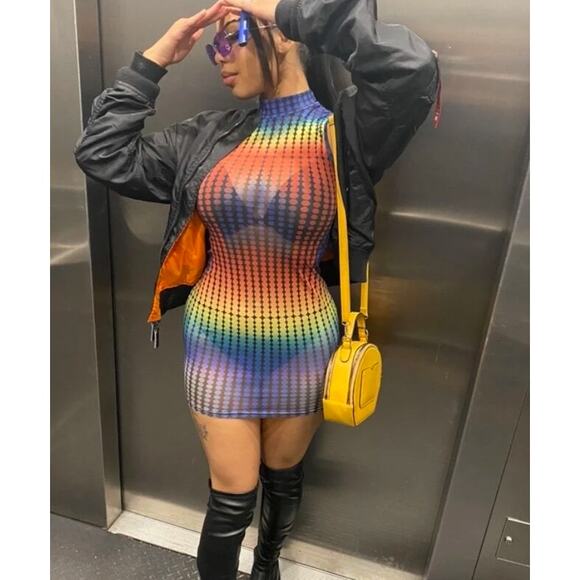 NEW Small Y2k Mesh Rainbow Heatmap 90's Bodycon Mini Dress Sheer Ombre Stretchy - Picture 2 of 6
